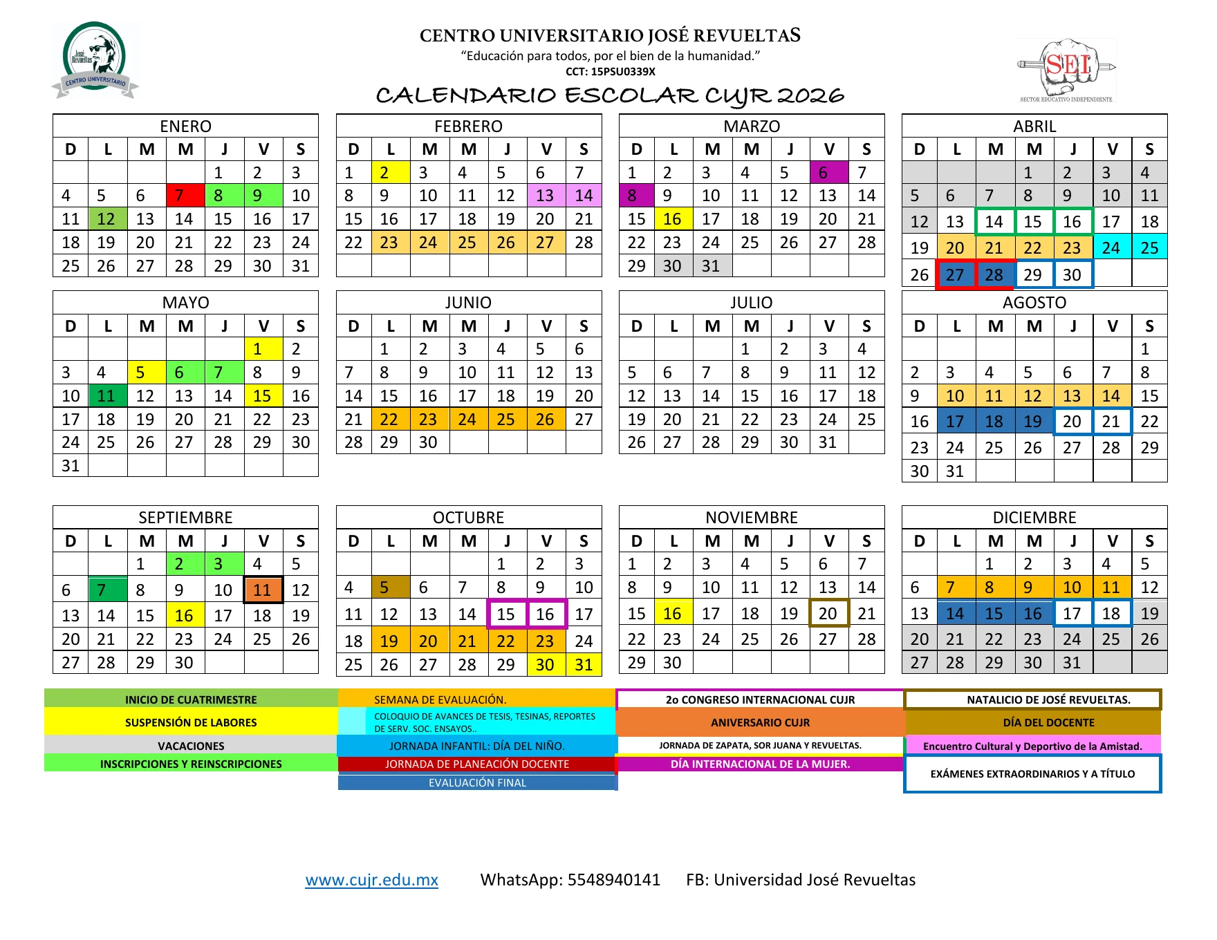 Vista previa del Calendario Escolar CUJR 2026