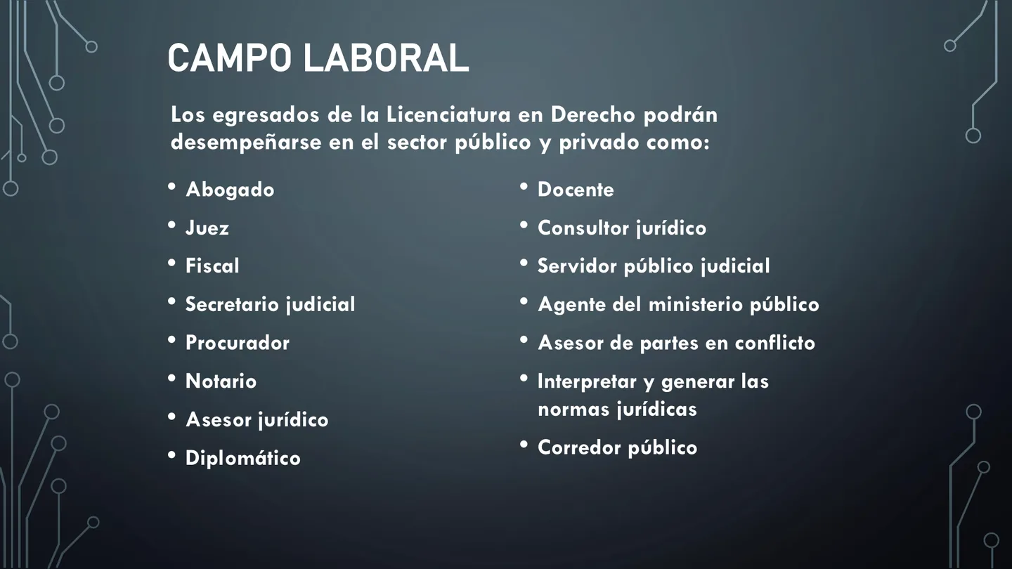 Campo laboral de Licenciatura en Derecho mostrado en el documento de oferta educativa.