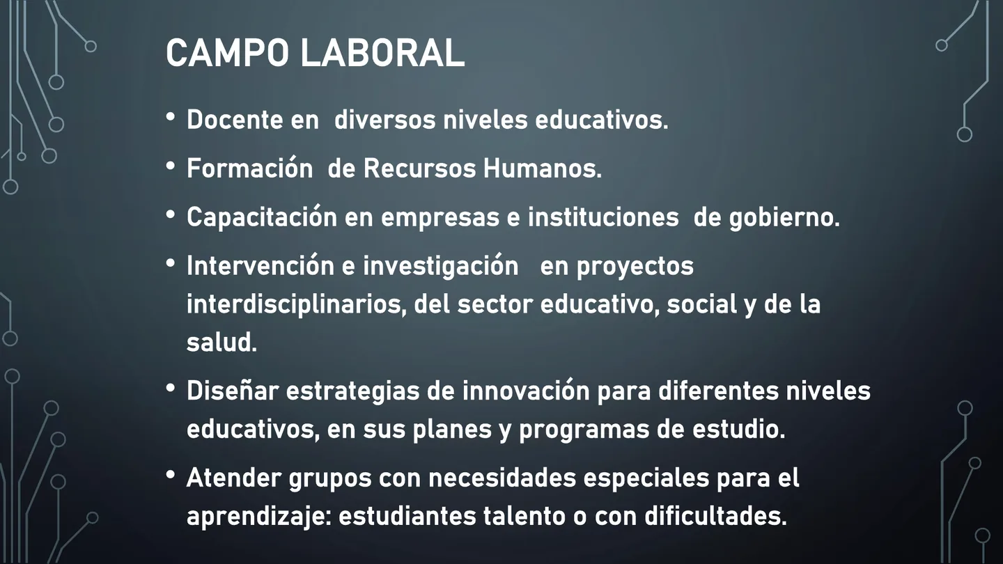 Campo laboral de Licenciatura en Ciencias de la Educación mostrado en el documento de oferta educativa.