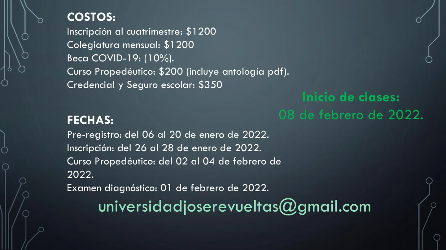Costos, fechas e inicio de clases del documento de oferta educativa.
